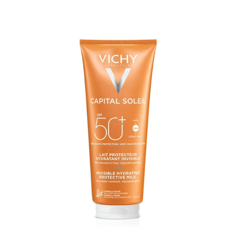 Vichy Capital Soleil SPF 50+ Invisible Hydrating Protective Milk in an orange squeeze tube with a white cap, shown on a white background.