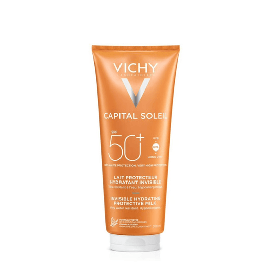 Vichy Capital Soleil SPF 50+ Invisible Hydrating Protective Milk in an orange squeeze tube with a white cap, shown on a white background.
