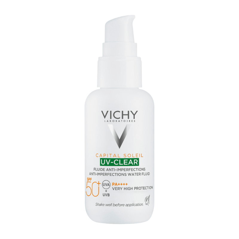 Vichy Capital Soleil UV-Clear SPF 50+ water fluid in a white pump bottle with a green and orange label, on a solid white background.