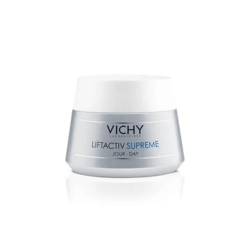 Vichy Liftactiv Supreme Jour-D'An cream jar, 50ml, featuring a silver metallic body and a white lid, set against a clean white background with a soft reflection.