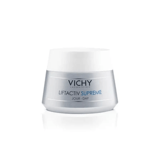 Vichy Liftactiv Supreme Jour-D'An cream jar, 50ml, featuring a silver metallic body and a white lid, set against a clean white background with a soft reflection.