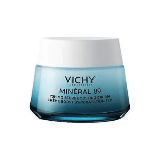 Vichy Minéral 89 72H Moisture Boosting Cream in a blue gradient glass jar with a white lid, on a white background.