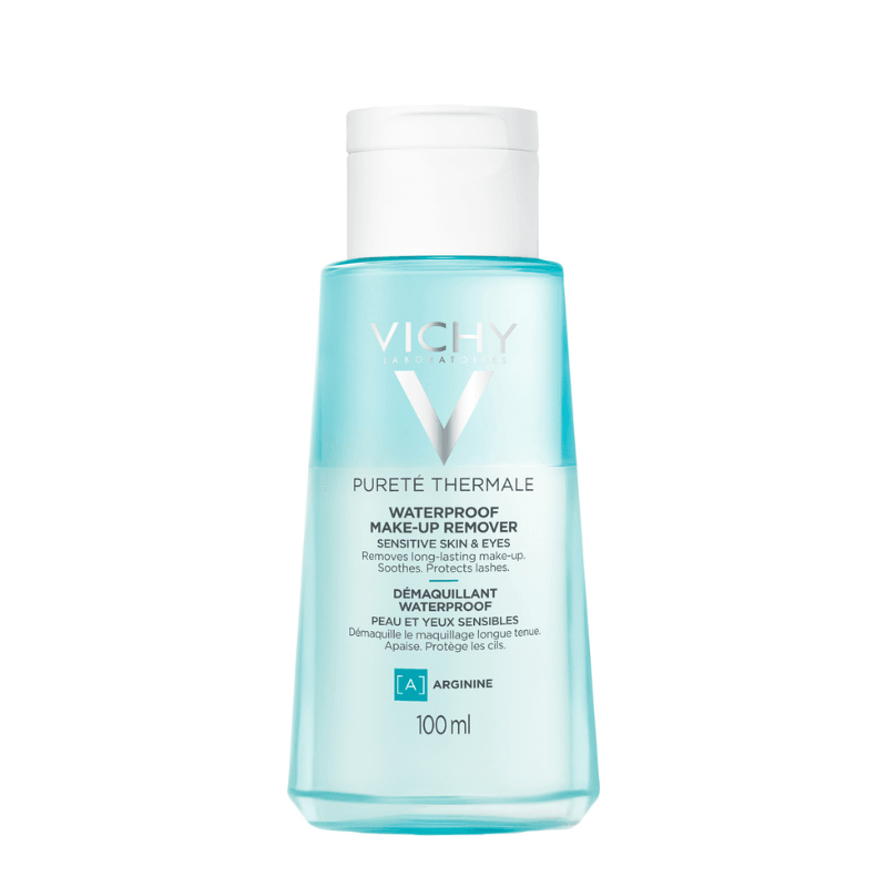 Vichy Pureté Thermale Waterproof Make-up Remover in a 100ml light blue bottle with a white cap, on a white background.